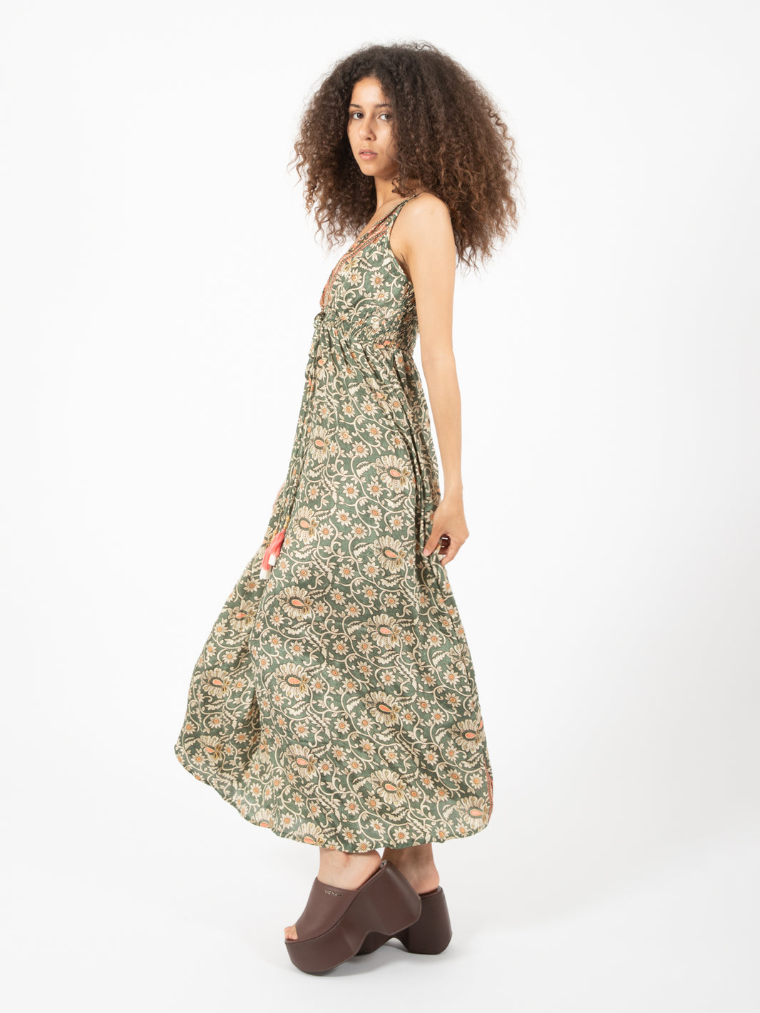 Long green floral print dress