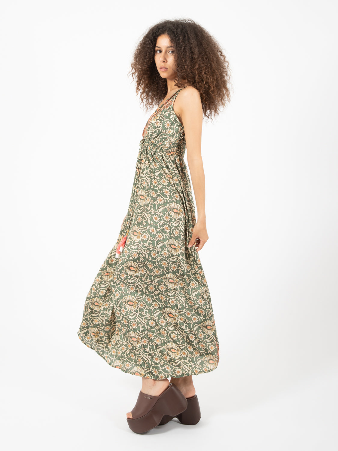 Long green floral print dress