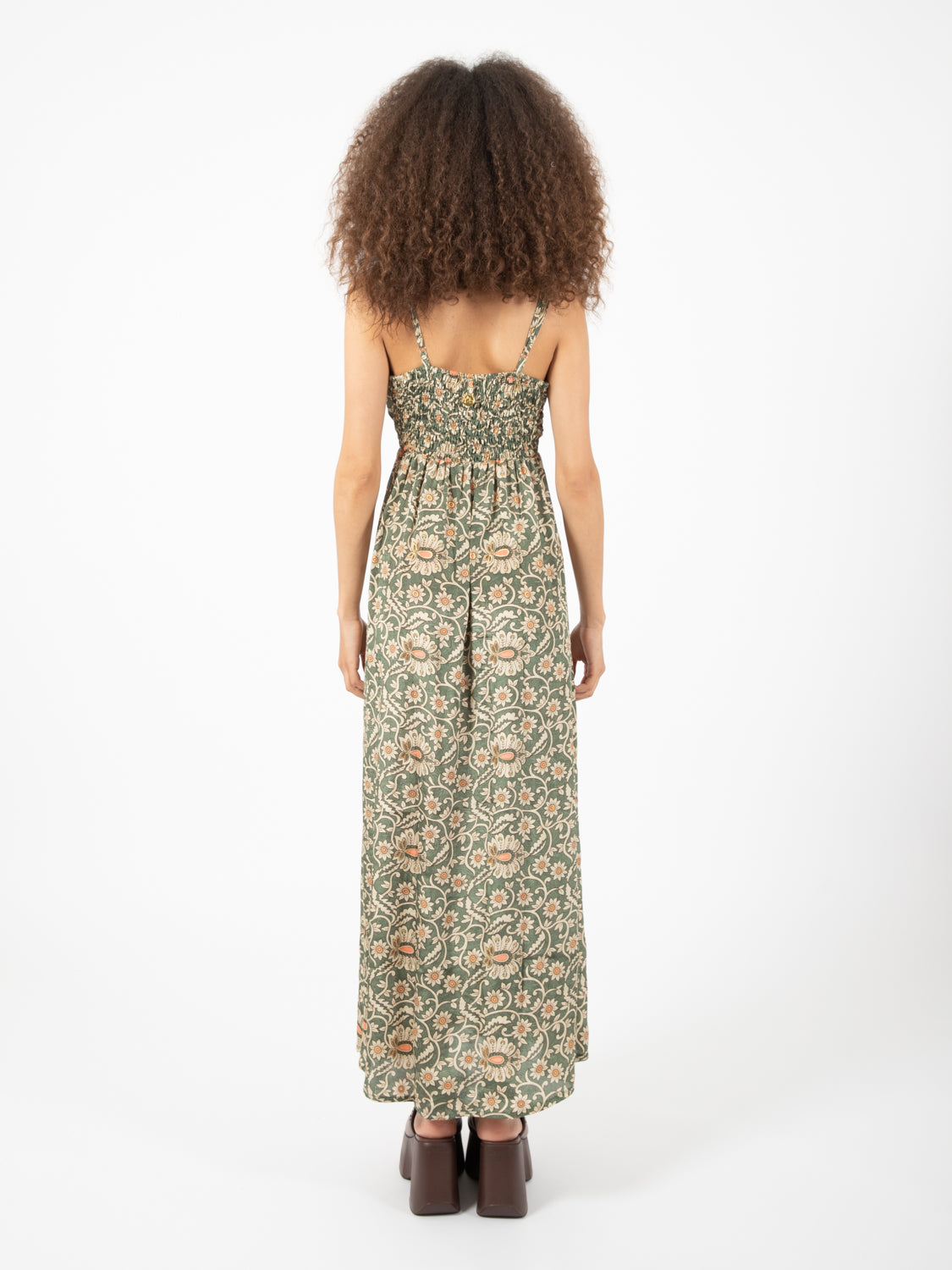 Long green floral print dress