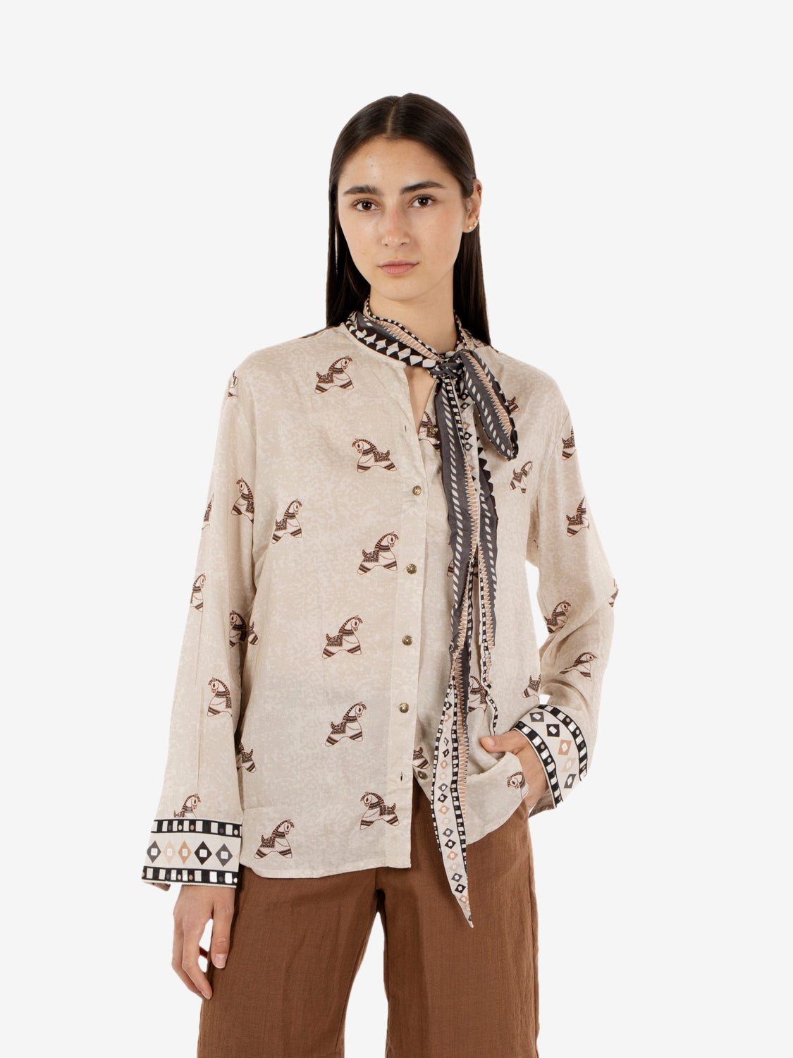Beige patterned bow shirt
