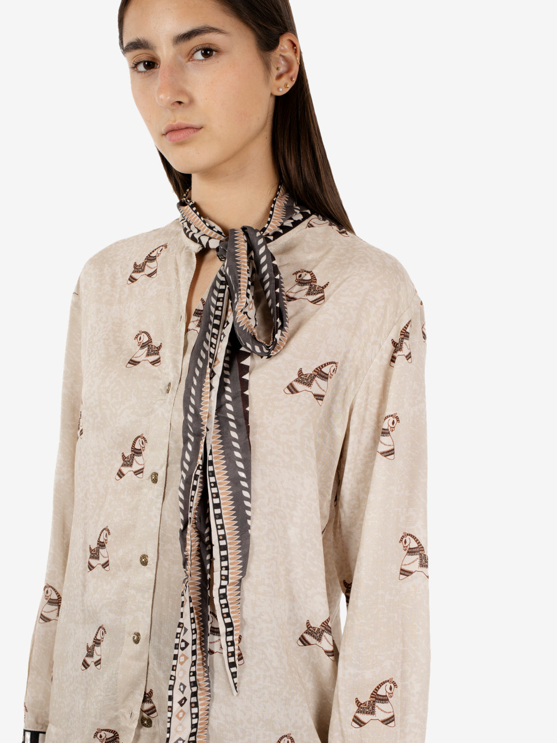 Beige patterned bow shirt