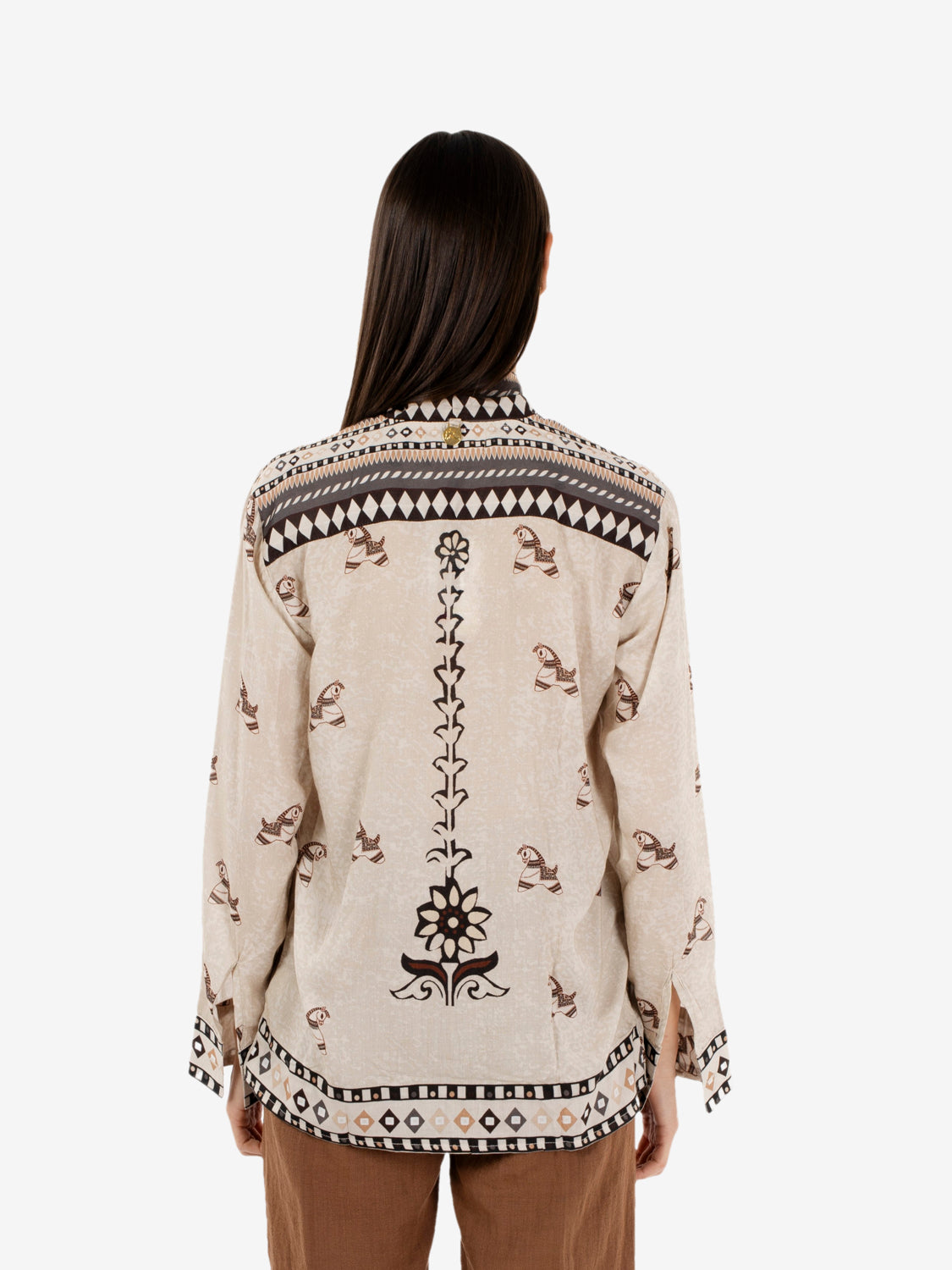 Beige patterned bow shirt