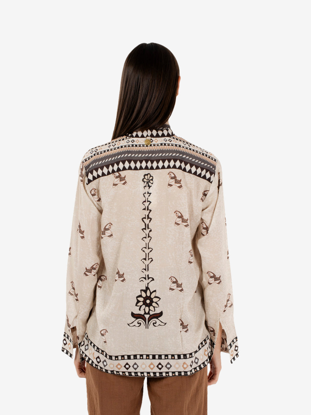 Beige patterned bow shirt