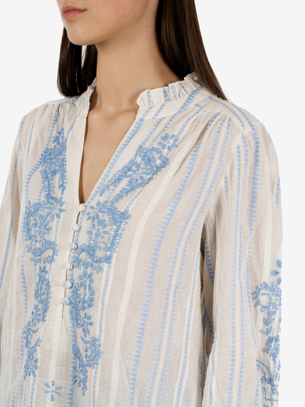 Shirt with white / sky blue embroidery