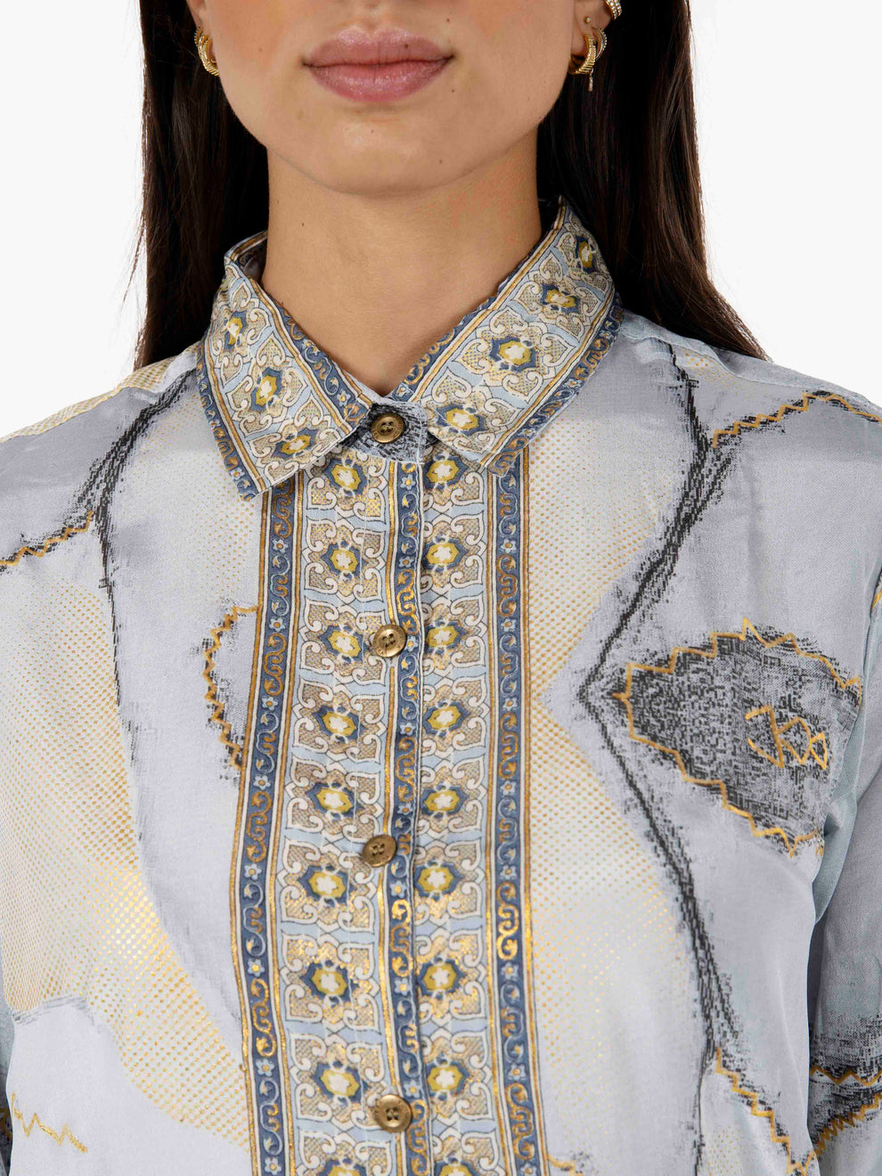 Silk shirt with mix blue/gold print