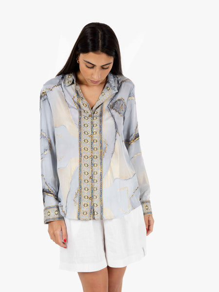 Camicia in seta stampa mix azzurro / oro