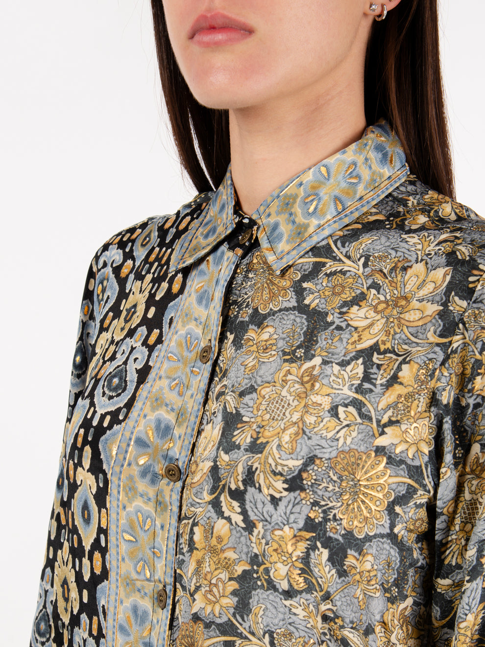 Camicia in seta stampa mix blu / multicolor