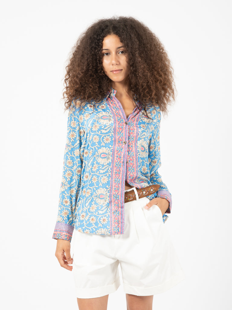 PAHIESA - Camicia seta stampa floreale blu / multicolor