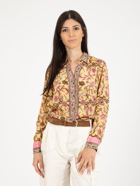 Camicia seta stampa floreale oro / multicolor