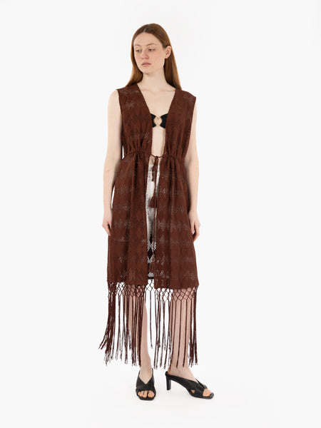 Gilet crochet lungo con frange brown