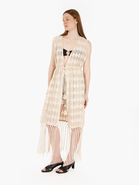 Gilet crochet lungo con frange ecrù