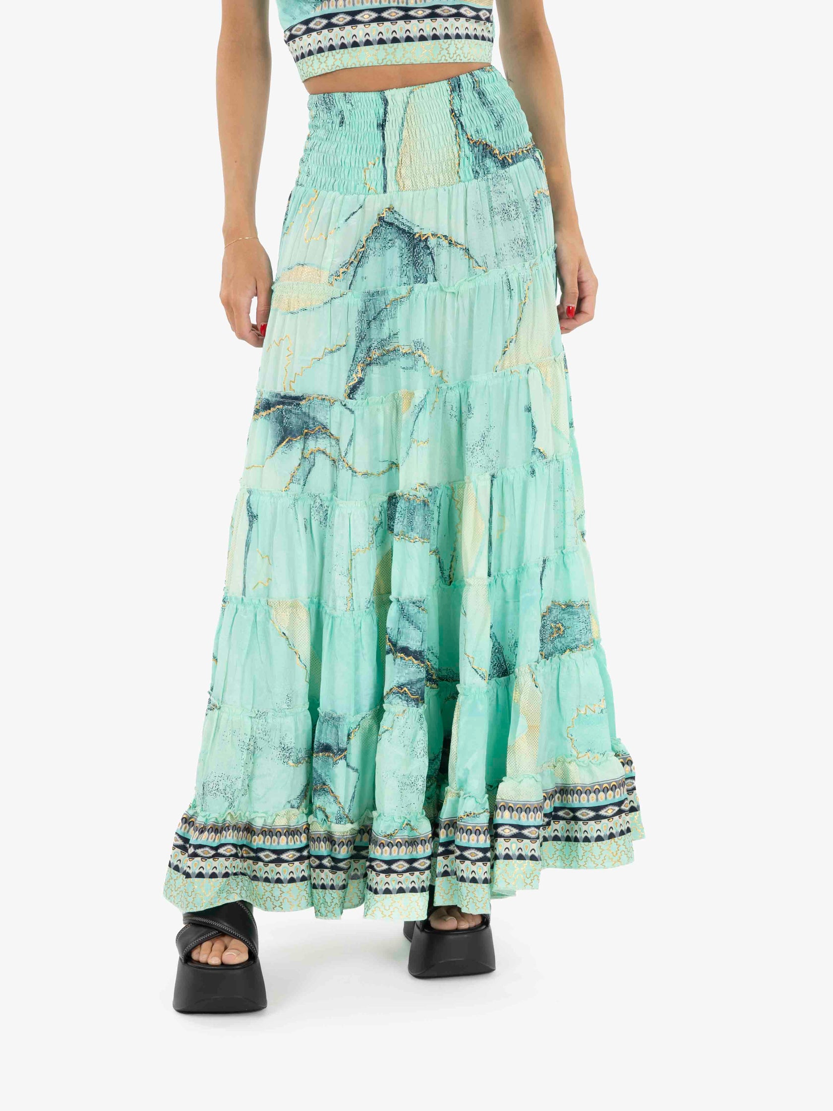 Green long ruffled skirt