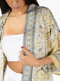 Kimono in seta fantasia mix azzurro / crema
