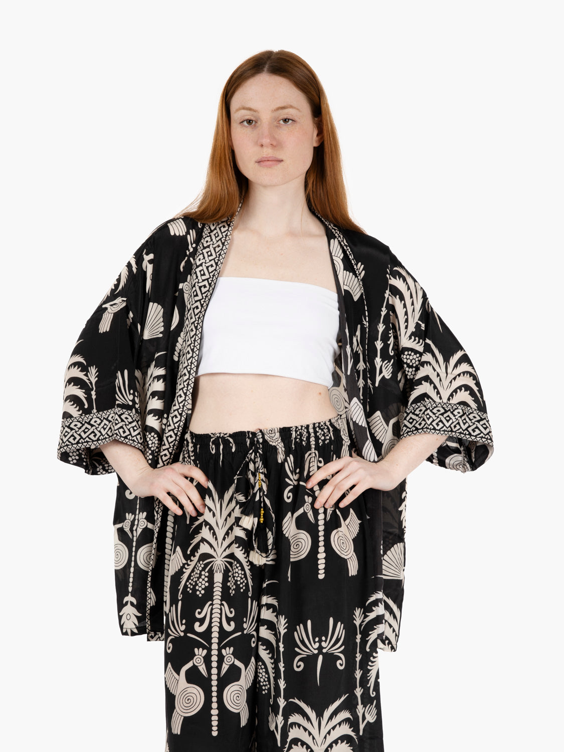 Black/white mix pattern silk kimono