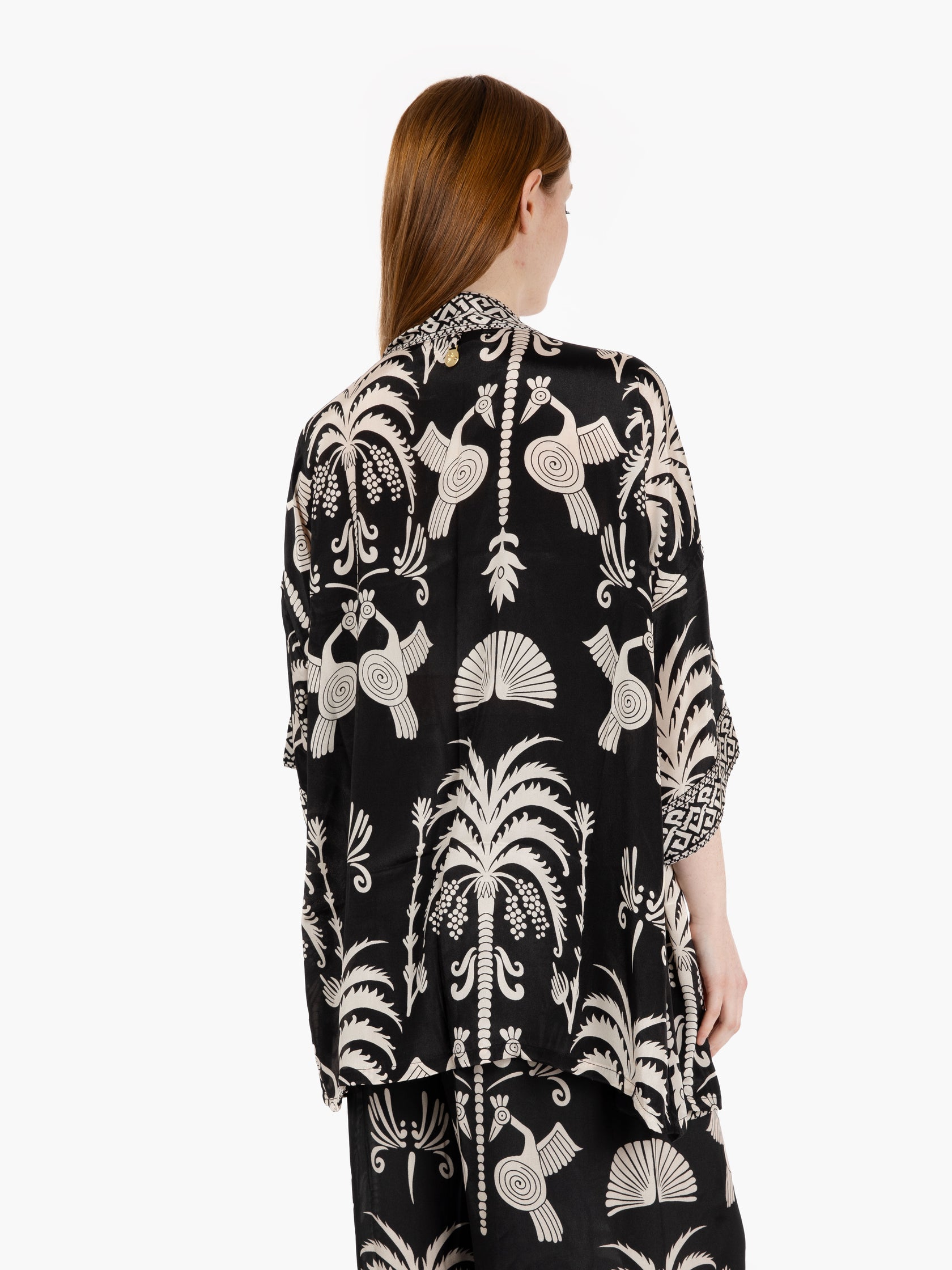 Black/white mix pattern silk kimono