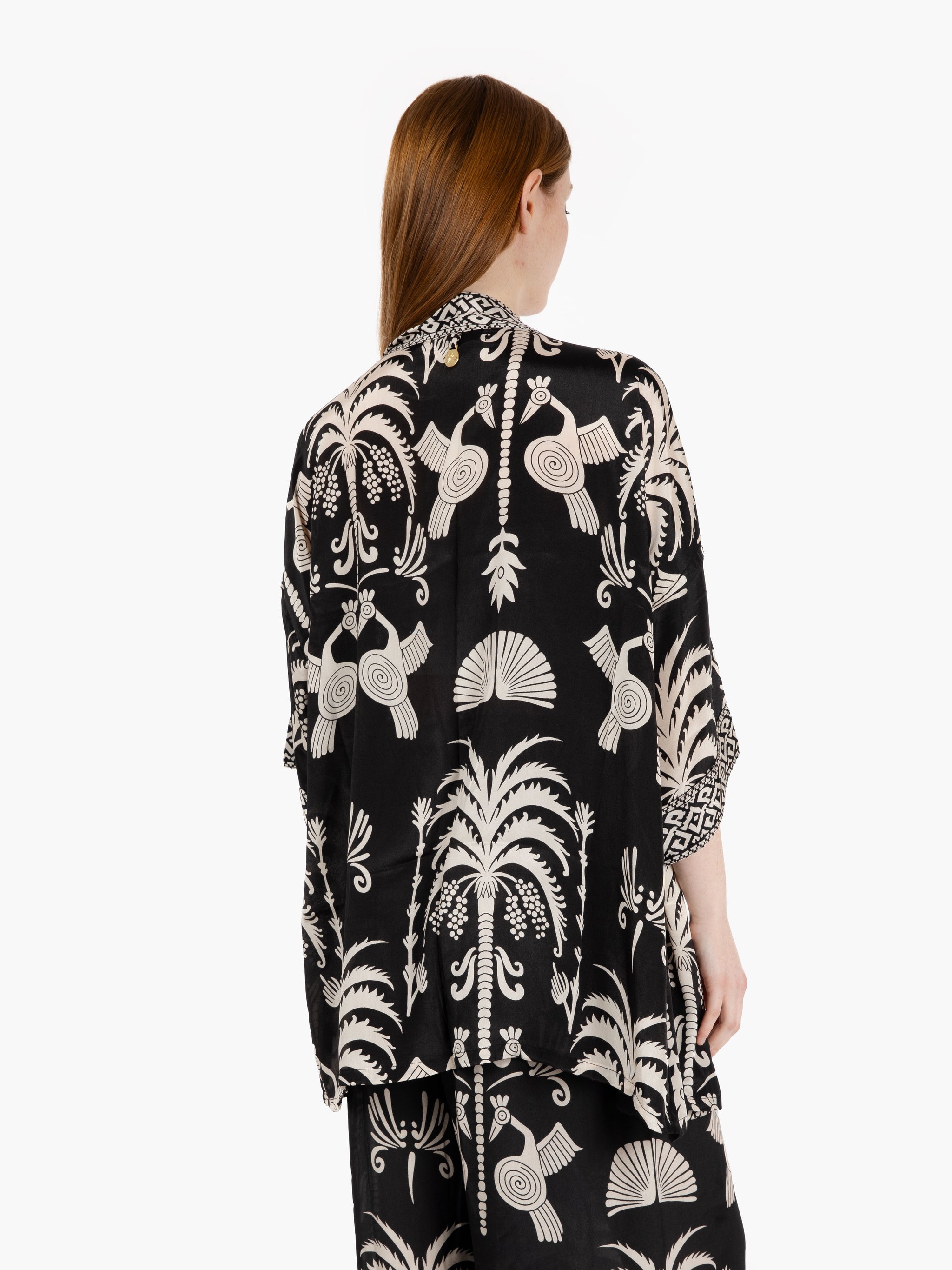 Black/white mix pattern silk kimono
