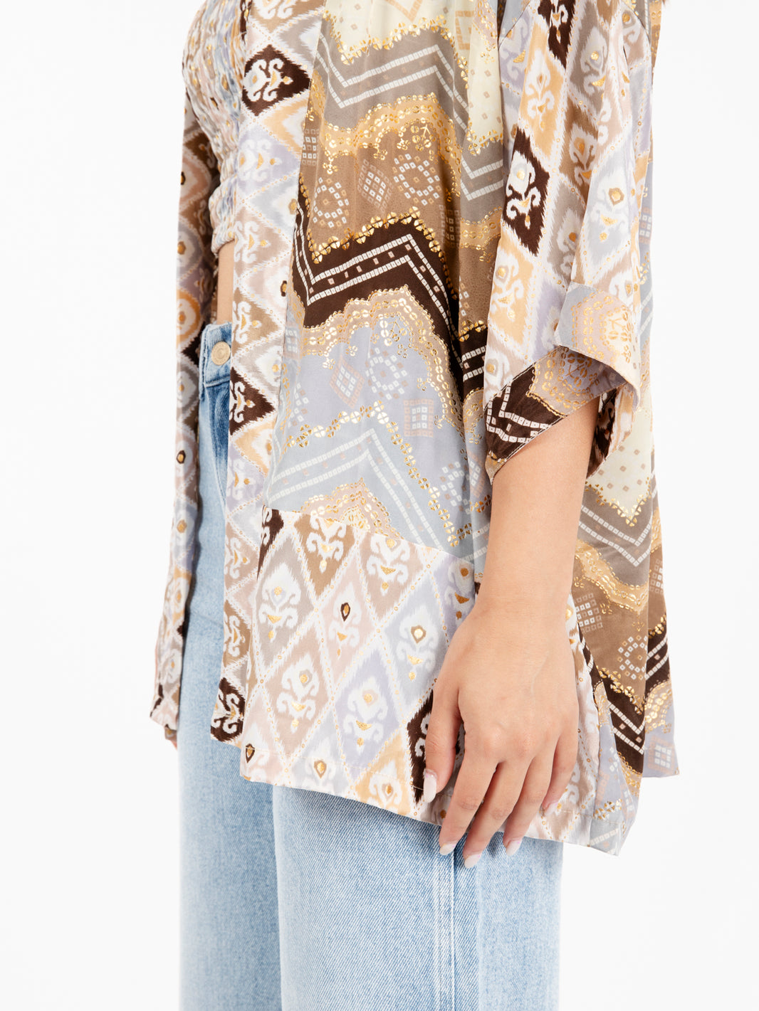 Kimono in seta avorio / marrone / lilla
