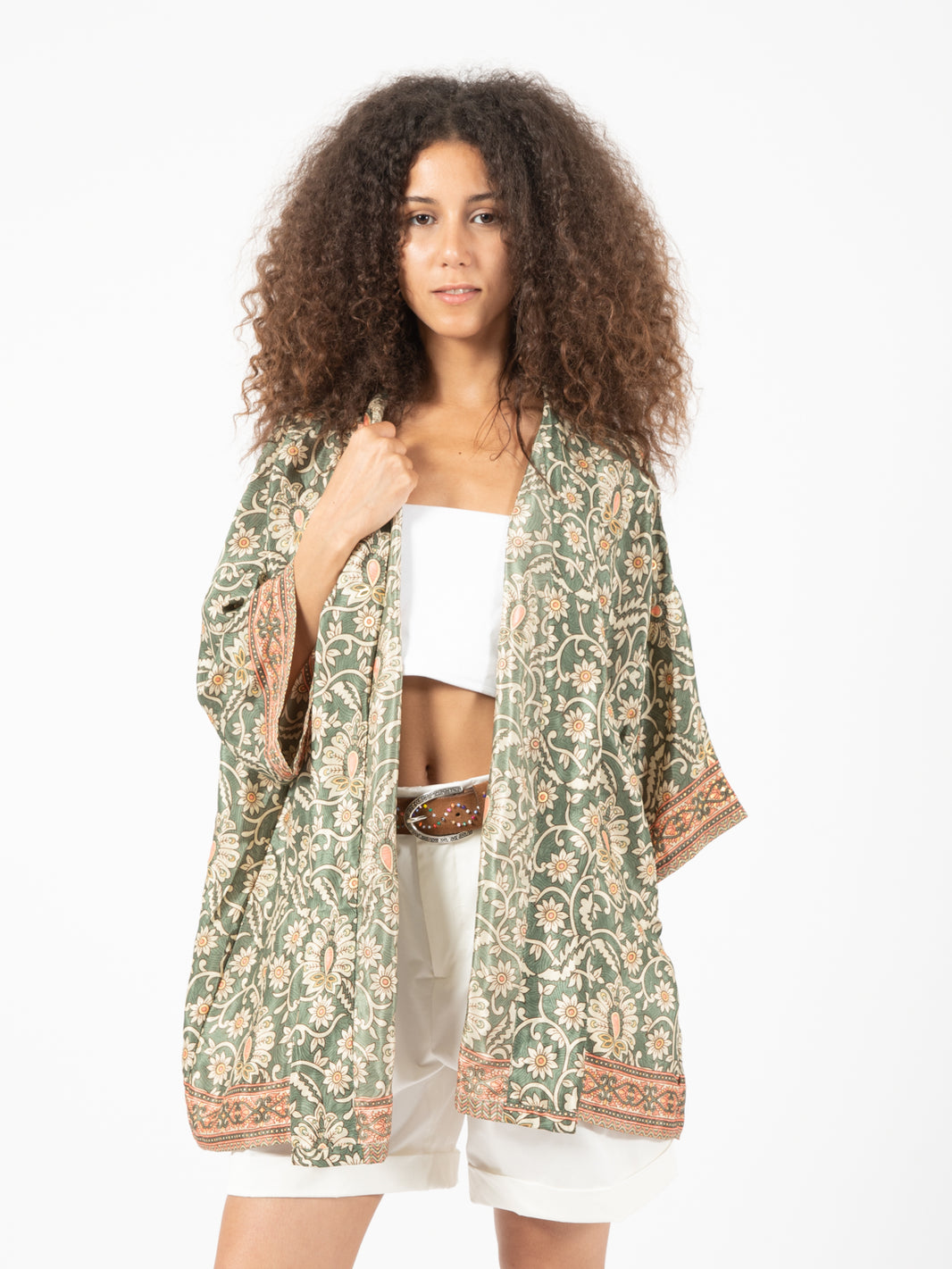 Green / multicolor floral print silk kimono