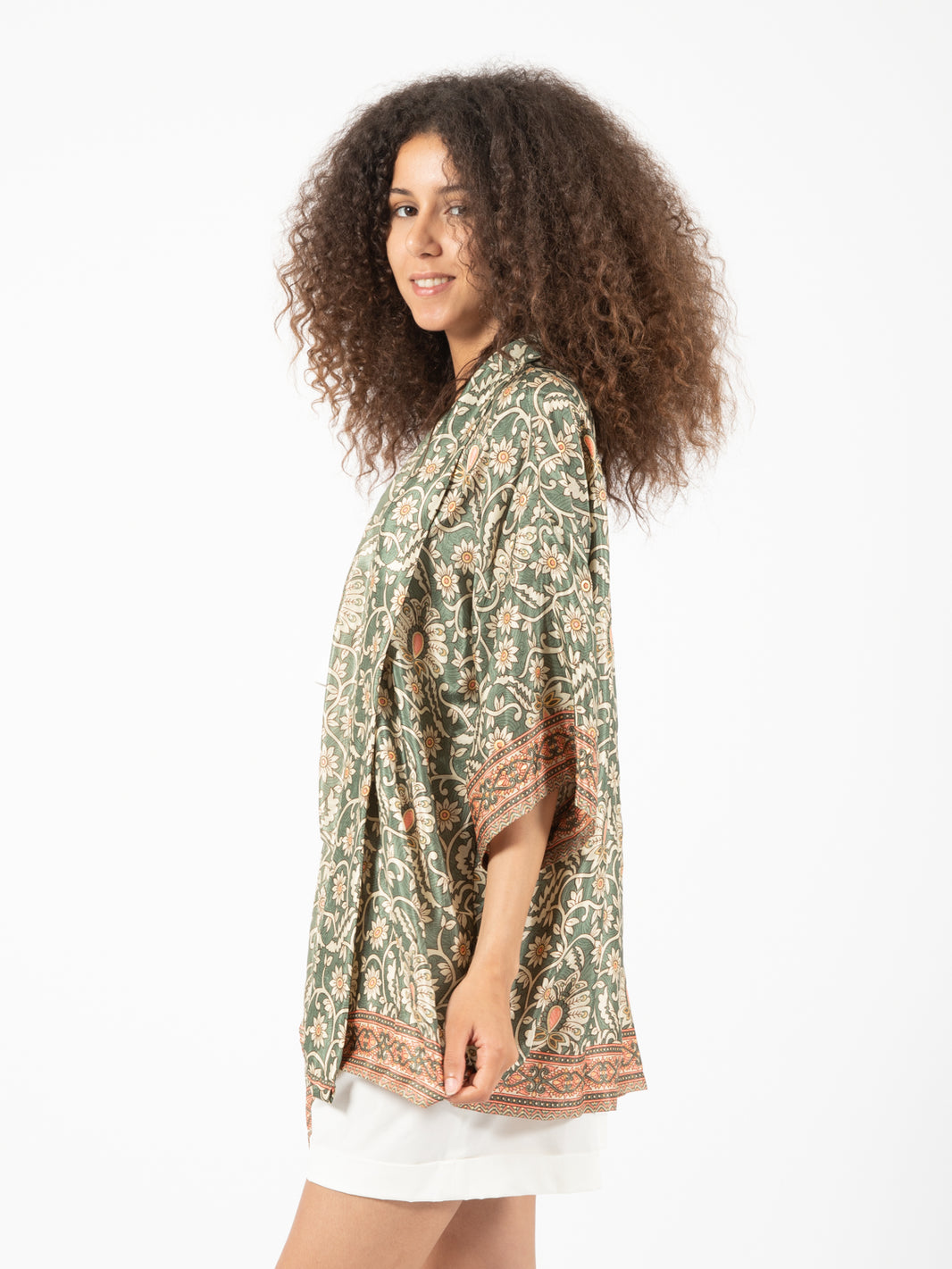 Green / multicolor floral print silk kimono