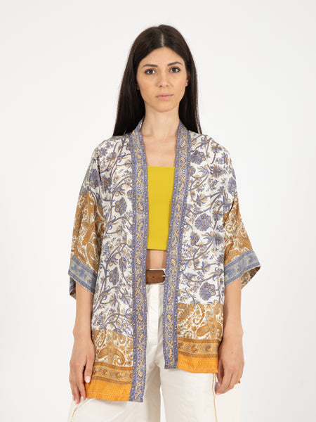 Kimono seta stampa paisley blu / multicolor