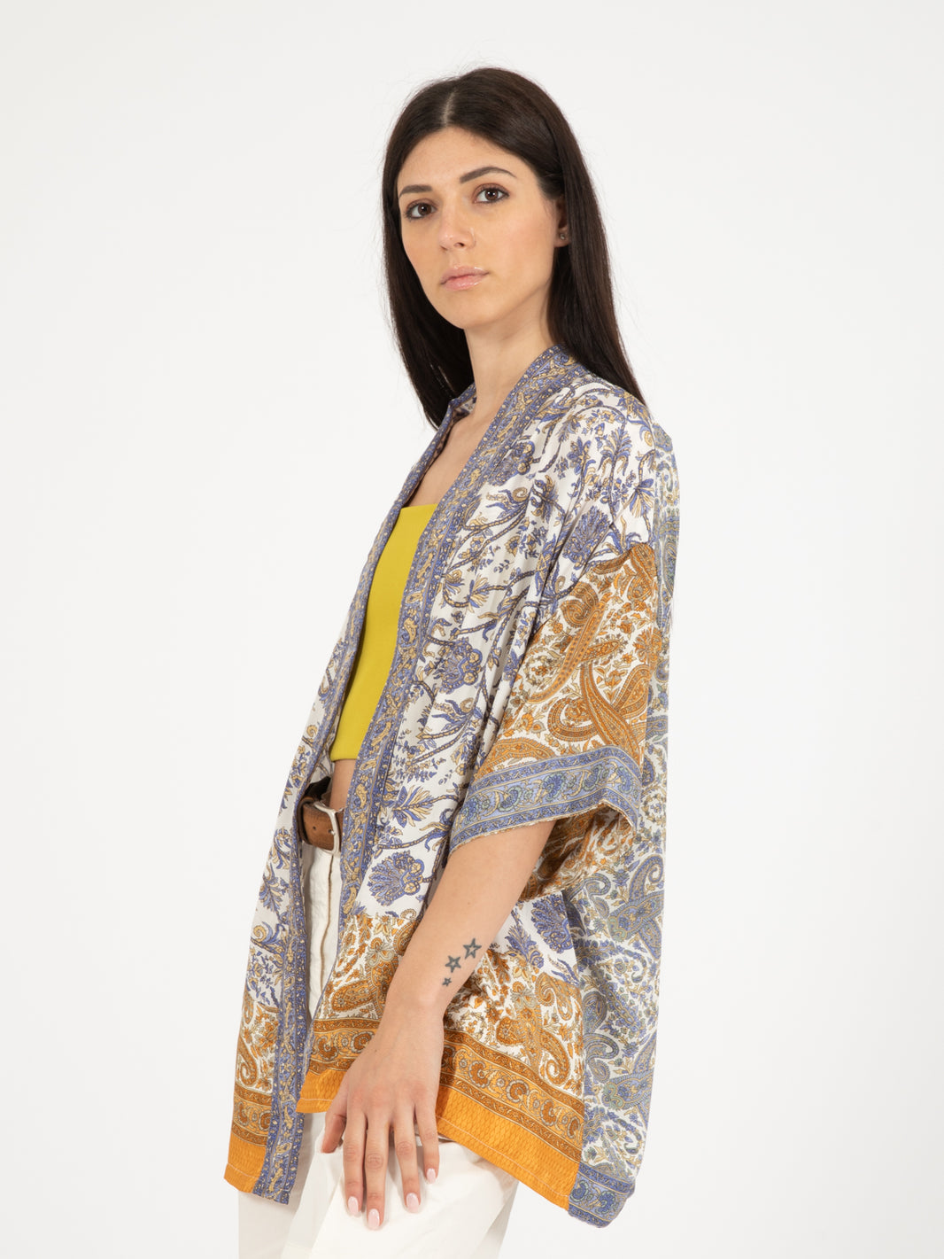 Blue / multicolor paisley print silk kimono