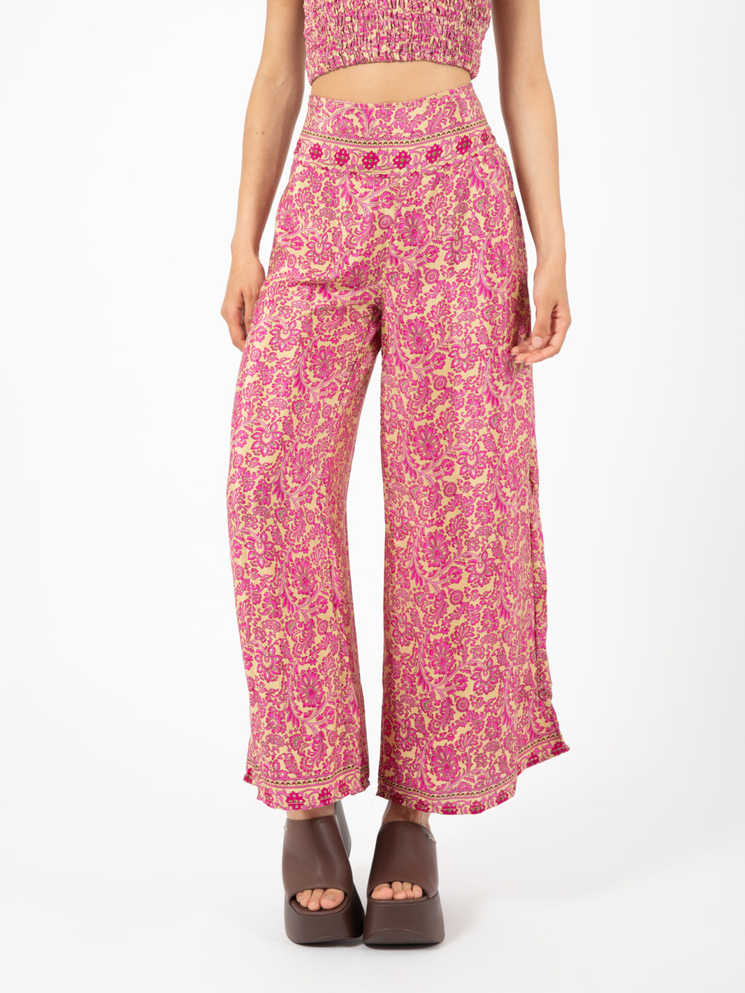 Gold/pink floral print palazzo pants