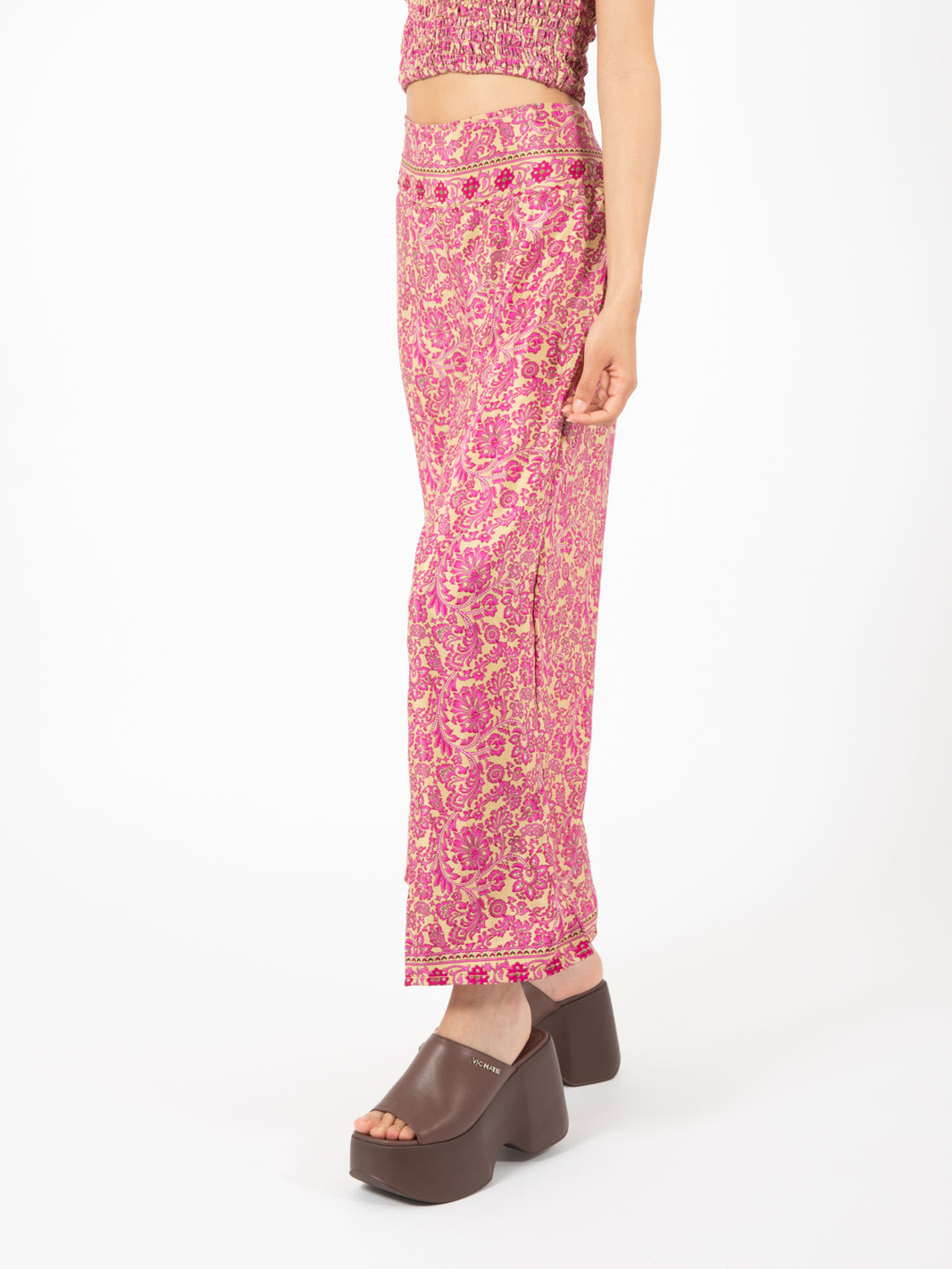 Gold/pink floral print palazzo pants