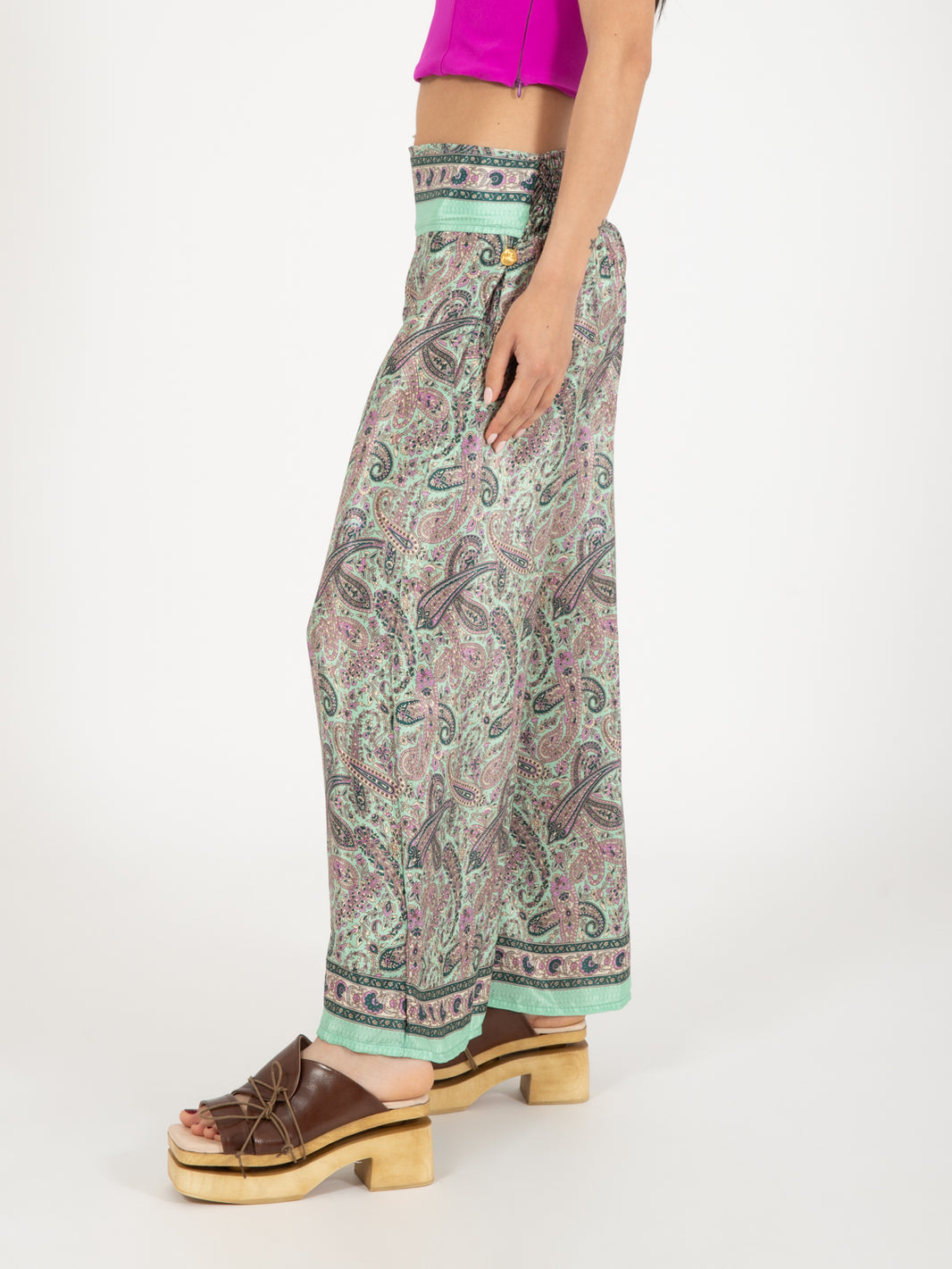 Green / multicolor paisley print palazzo trousers