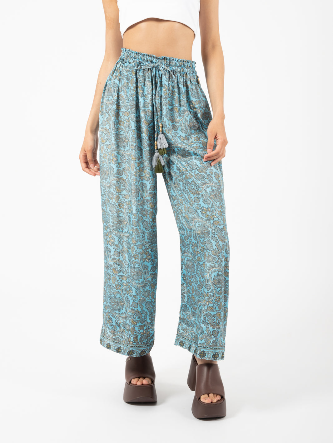 Wide leg trousers with floral print, light blue / multicolor