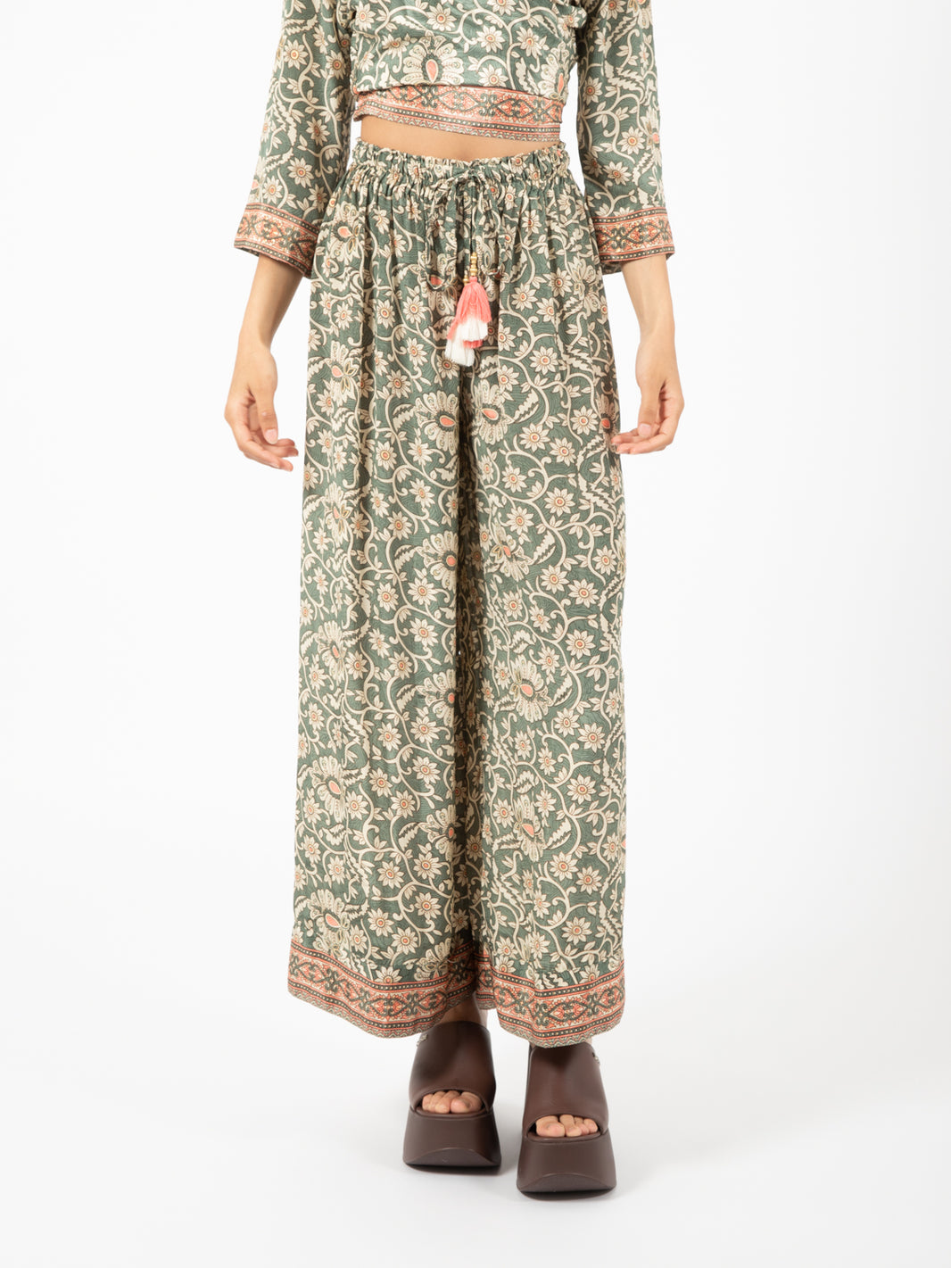 Green/Ivory Floral Print Wide Leg Pants