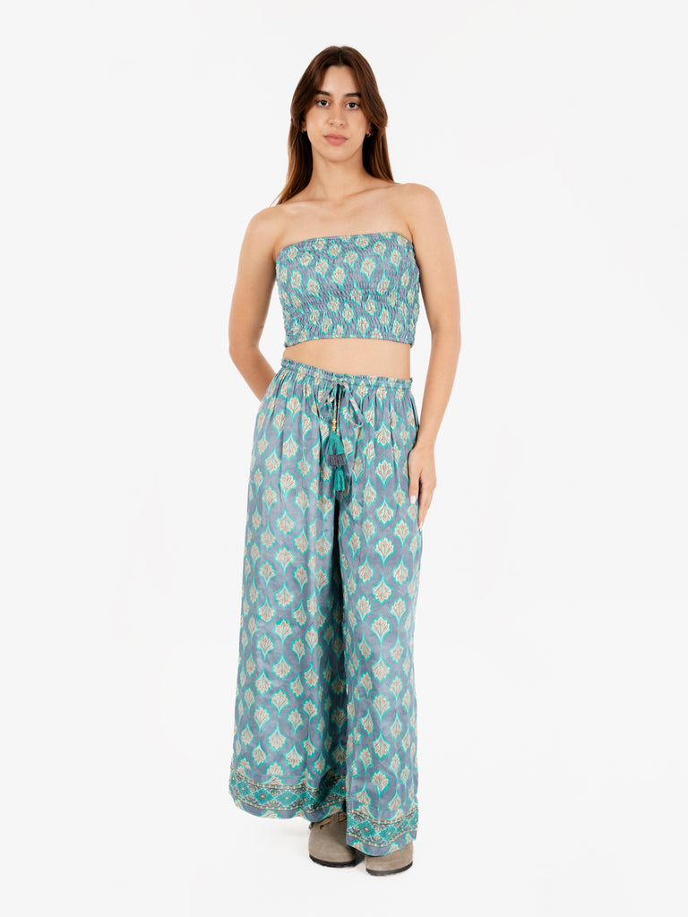 PAHIESA - Pantaloni palazzo con nappine  azzurro