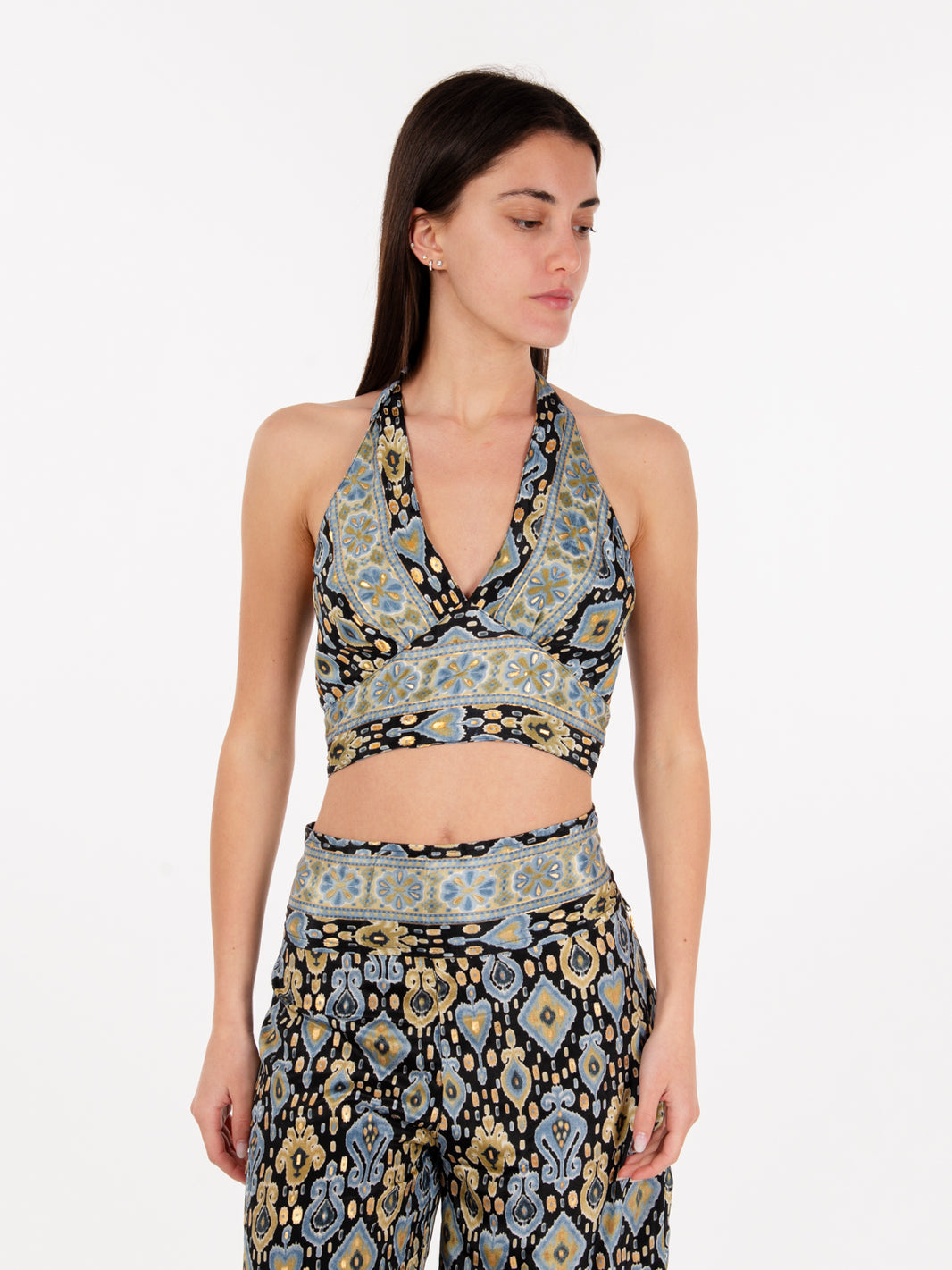 Blue/Black/Gold Print Halter Neck Top