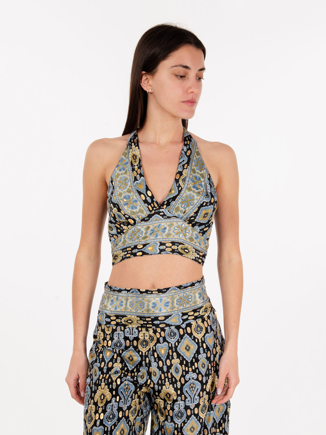Blue/Black/Gold Print Halter Neck Top