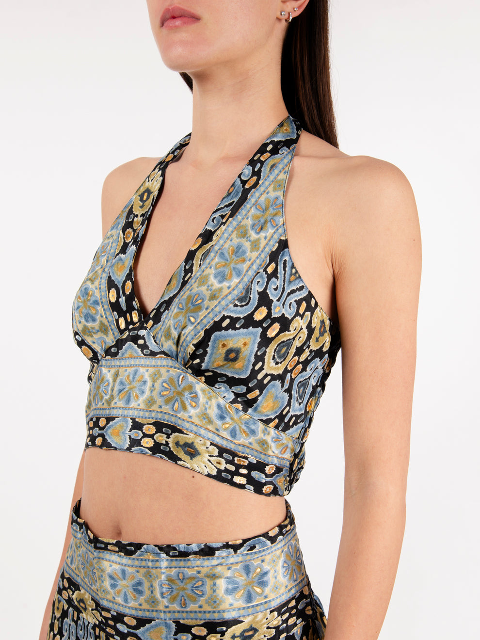 Blue/Black/Gold Print Halter Neck Top