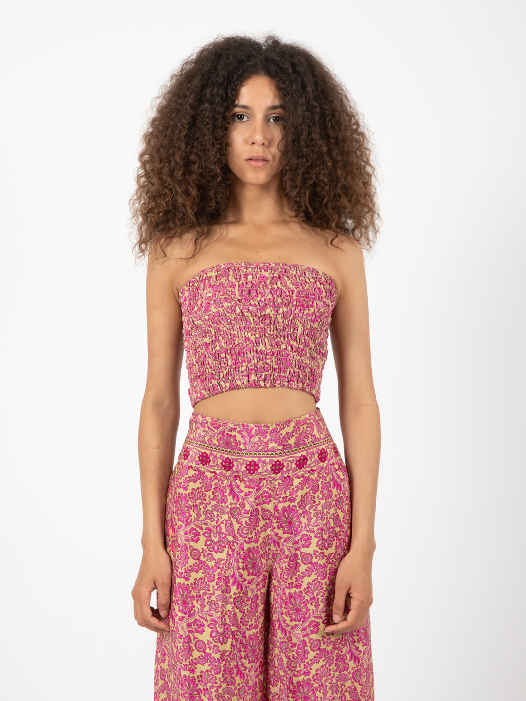 Fuchsia/gold floral print silk elastic top