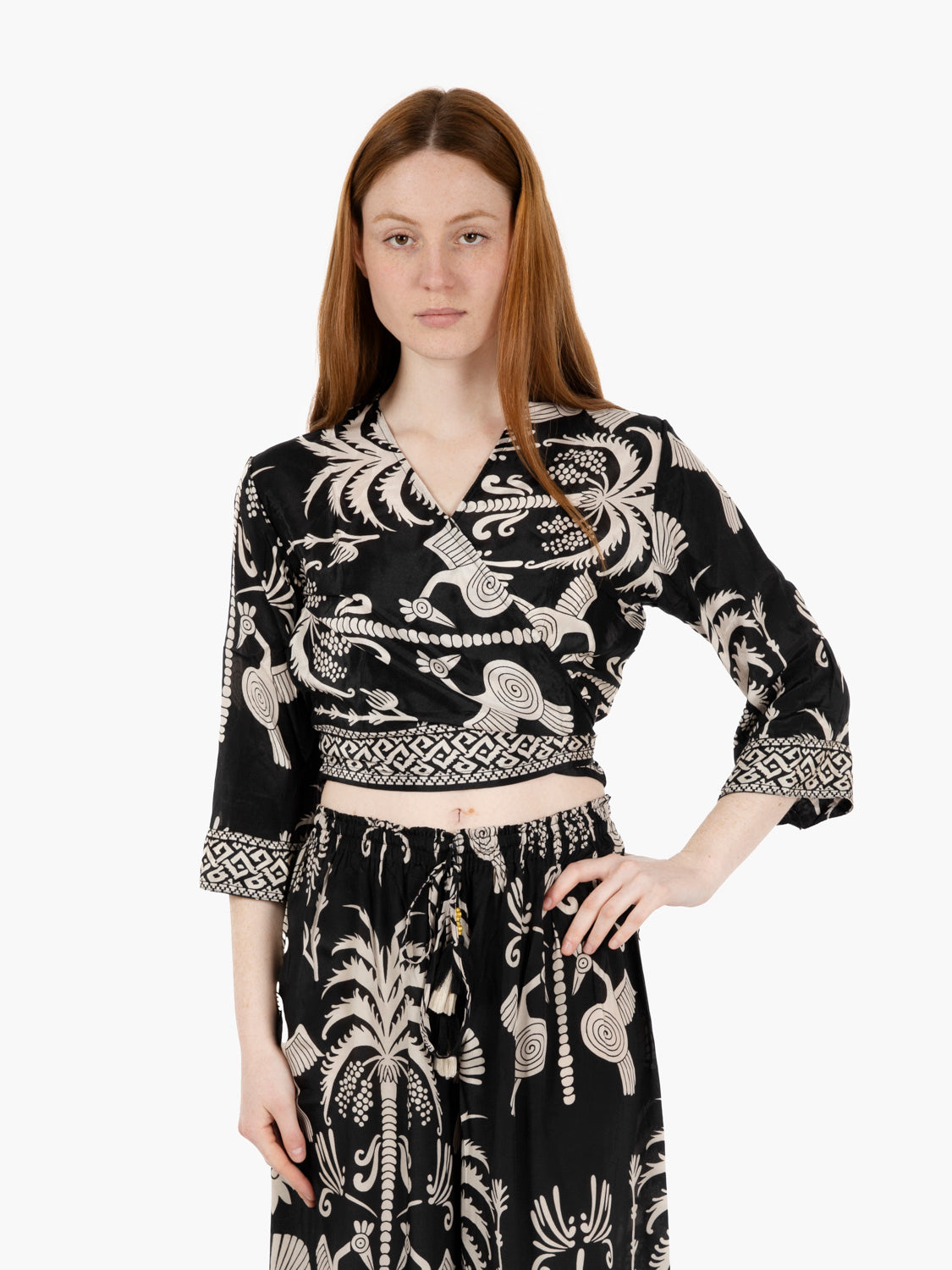 Black patterned crossover top