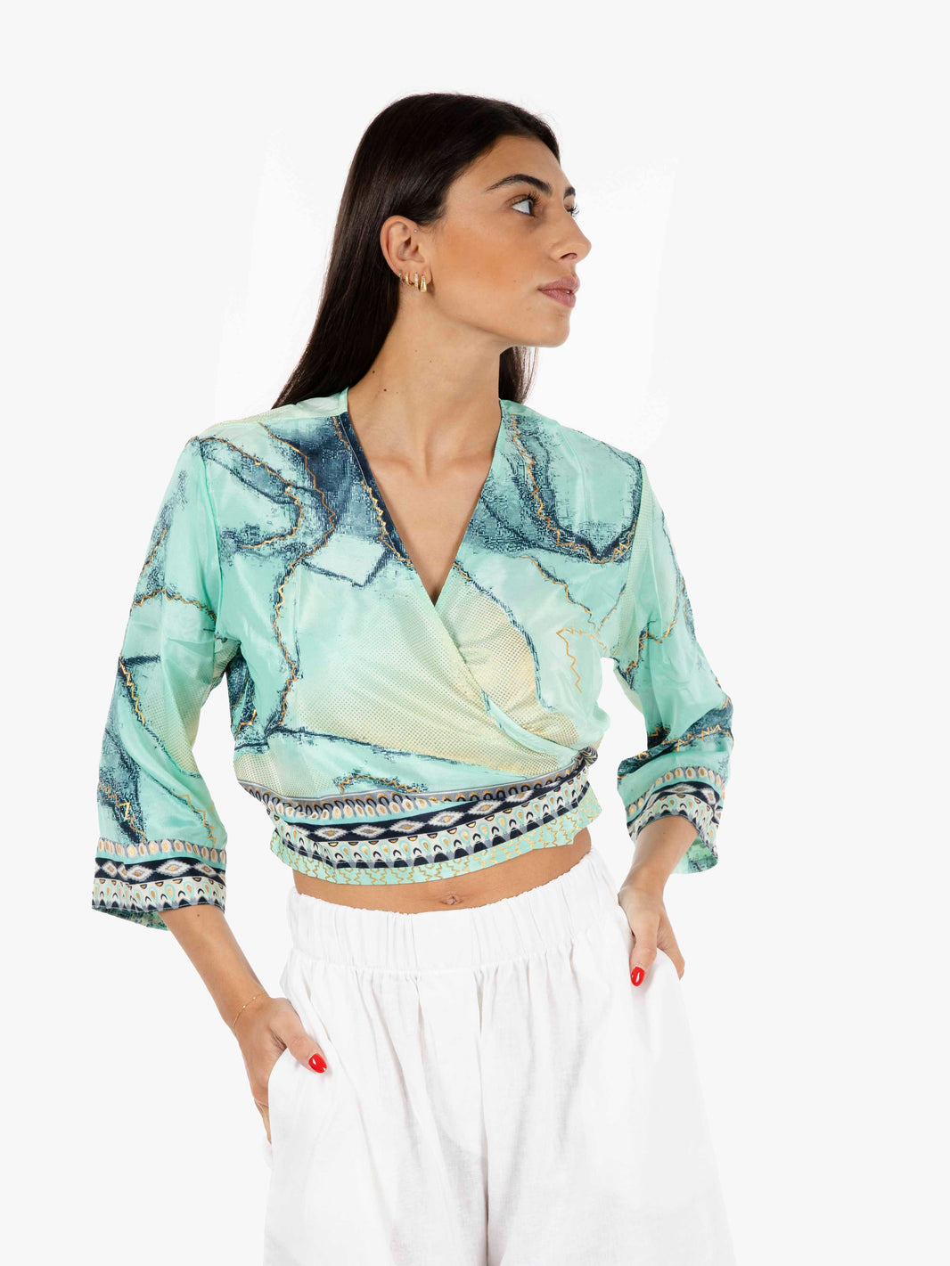 Green patterned crossover top