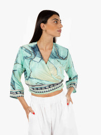 Green patterned crossover top