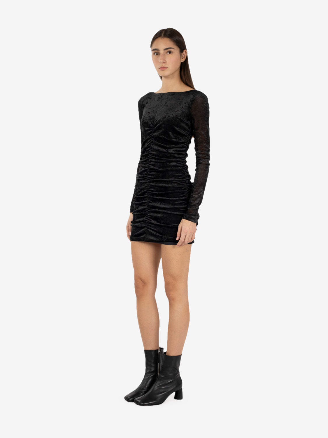 Short black draped velvet dress
