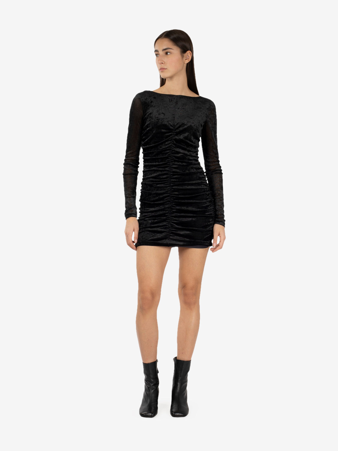Short black draped velvet dress