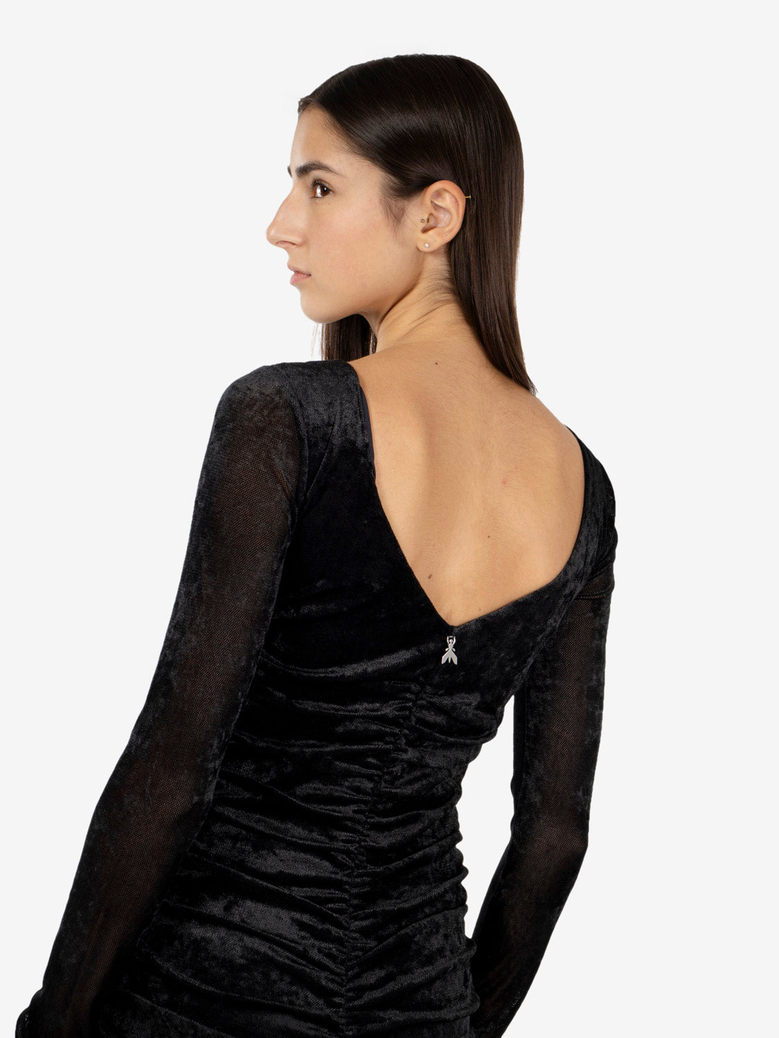 Short black draped velvet dress