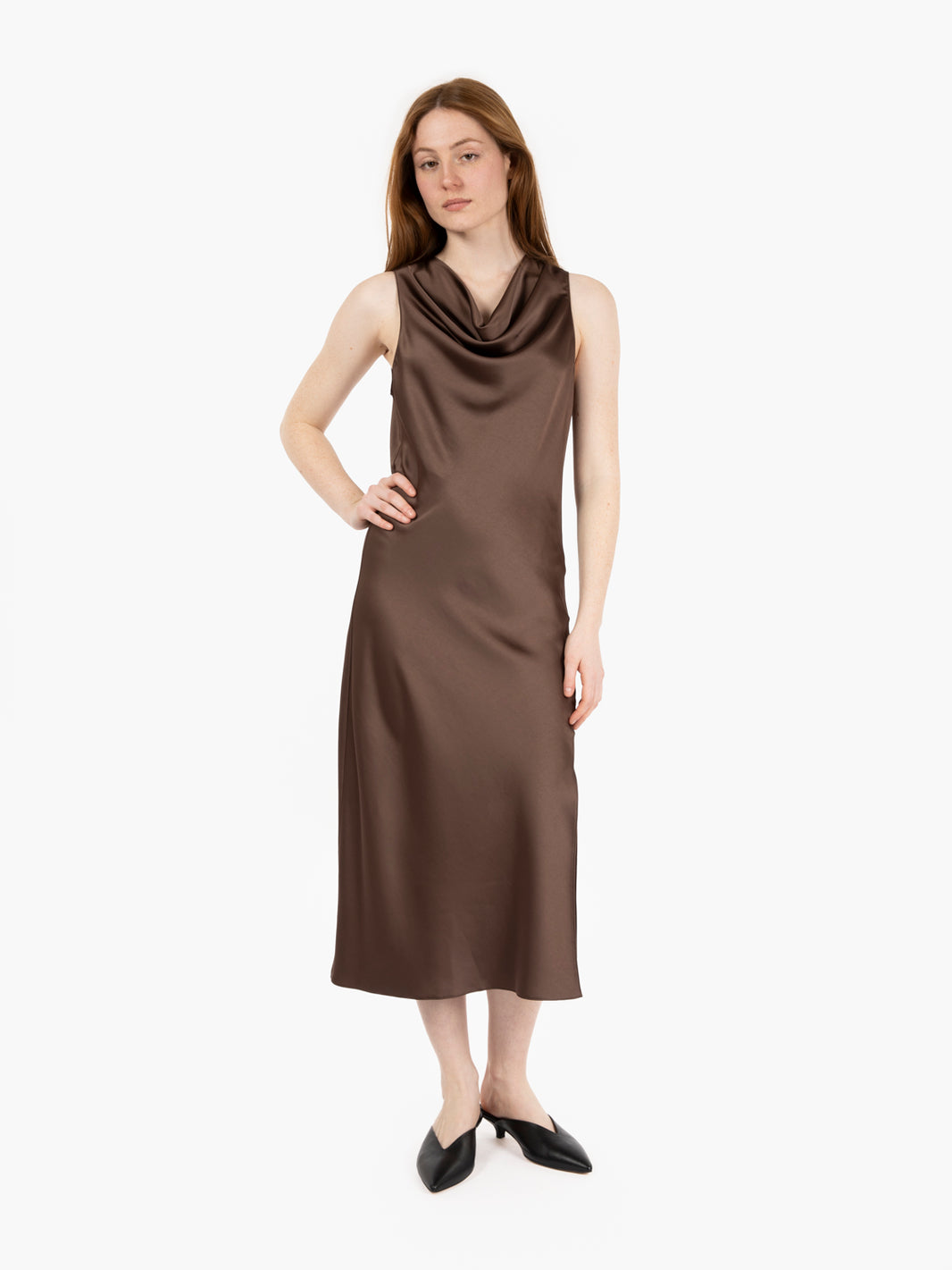 Sensual brown satin dress