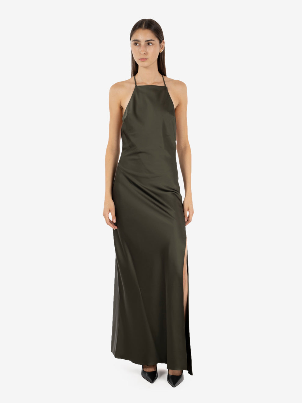 LONG MYSTERIOUS GREEN SATIN DRESS 8A0466/A269_G639