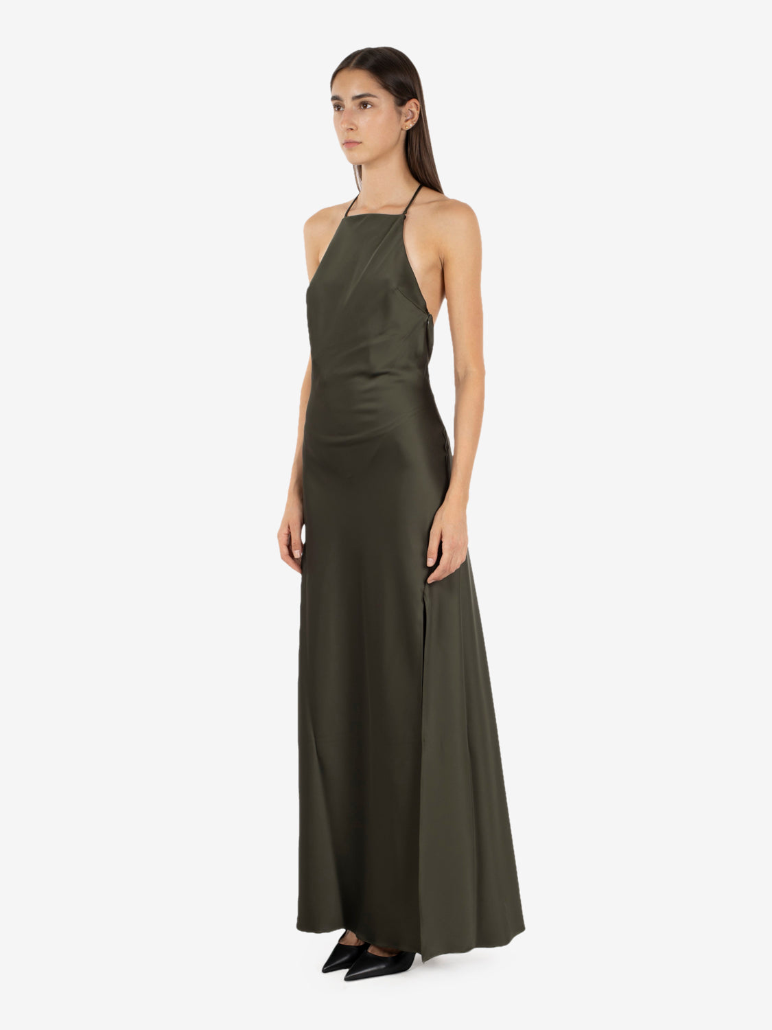 LONG MYSTERIOUS GREEN SATIN DRESS 8A0466/A269_G639