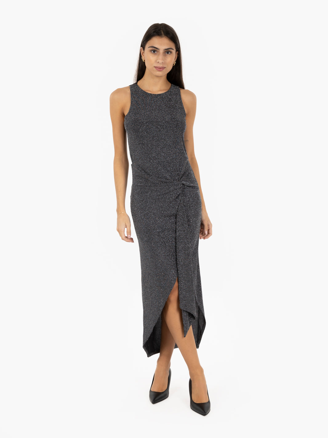 Black and silver draped lurex dress