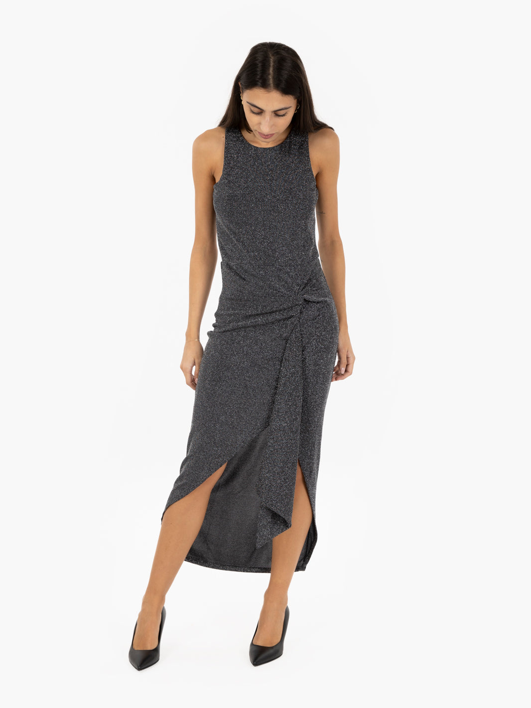 Black and silver draped lurex dress
