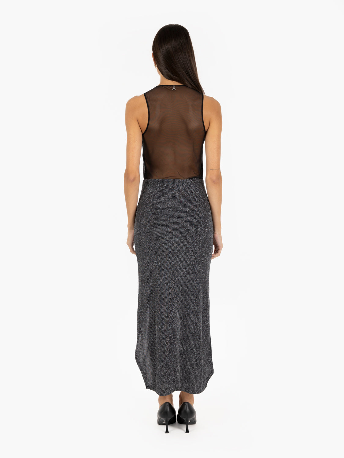 Black and silver draped lurex dress