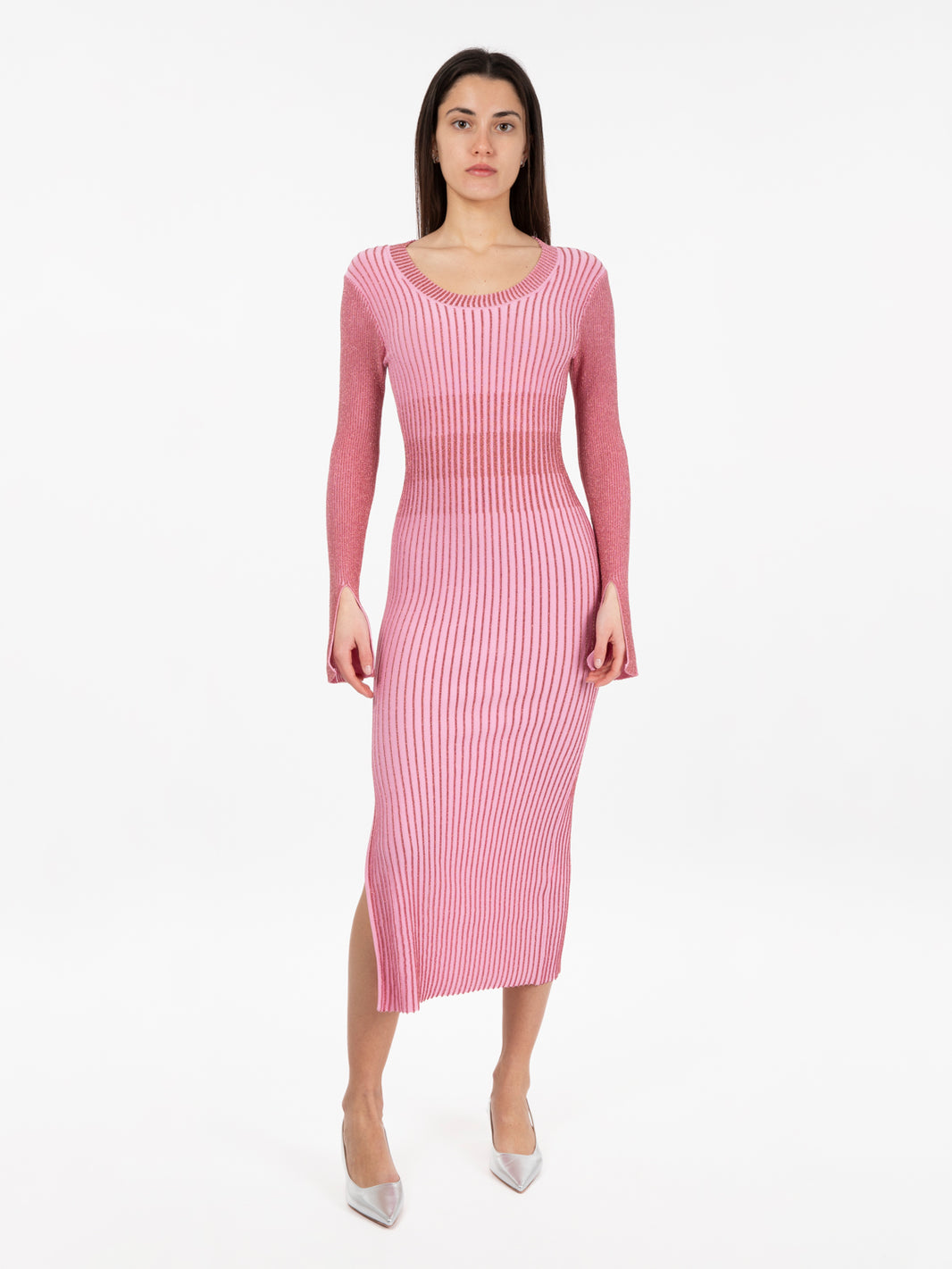 Pink two-tone lurex ribbed midi dress 