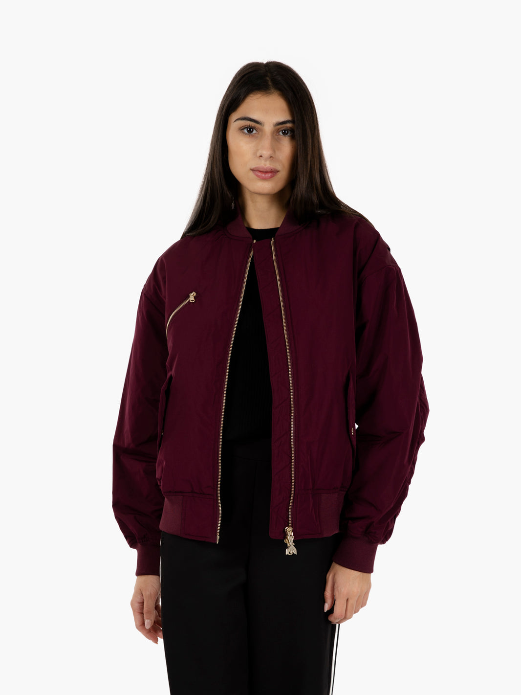 Purple bomber jacket with oversized sleeves
