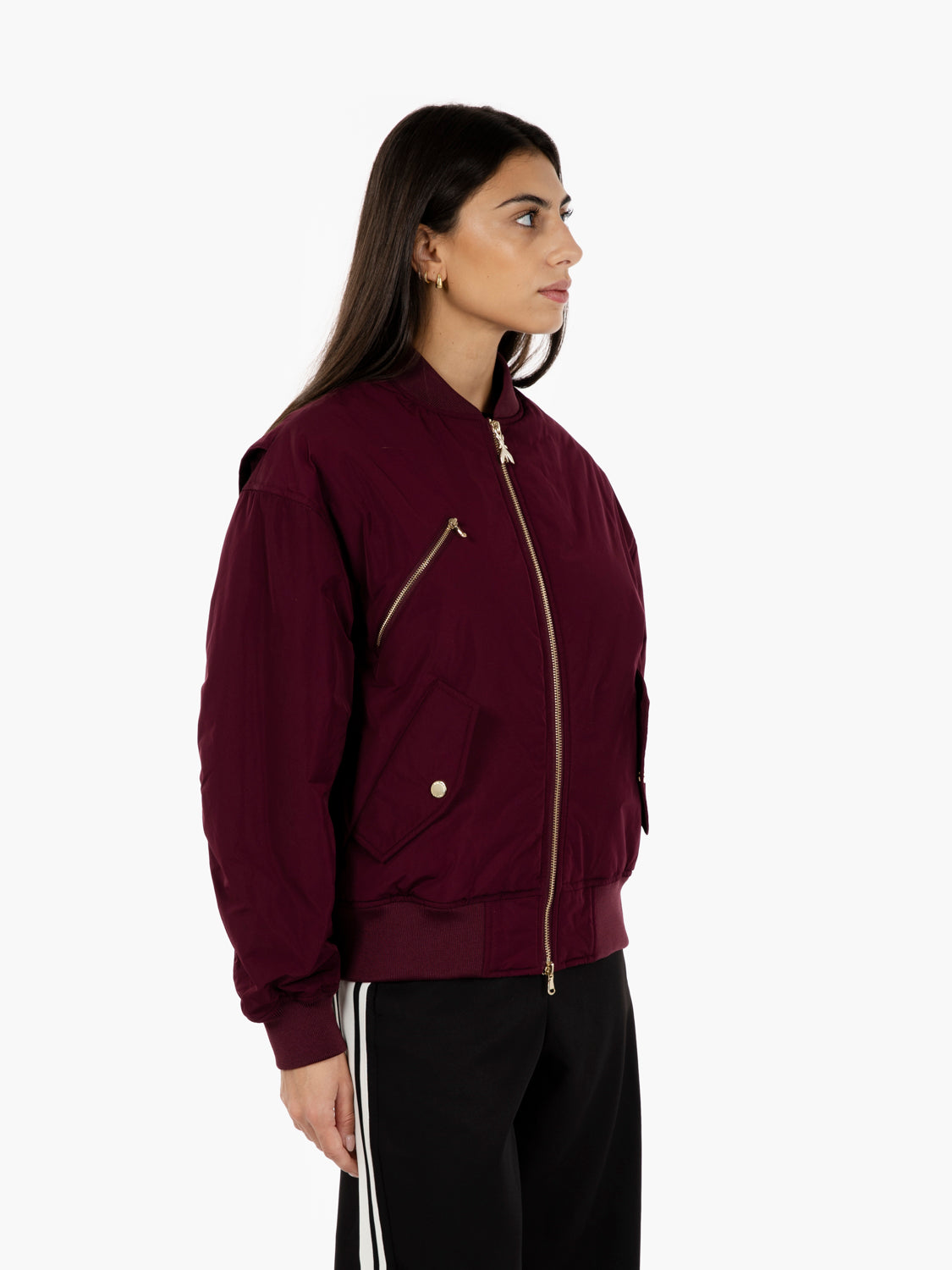 Purple bomber jacket with oversized sleeves